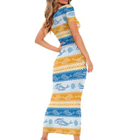 Anguilla Dolphins Pattern Short Sleeve Bodycon Dress Orange And Blue
