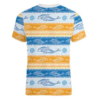 Anguilla Dolphins Pattern Women V-Neck T-Shirt Orange And Blue