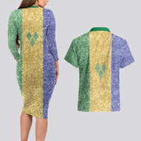 Saint Vincent and the Grenadines Vincy Mas Couples Matching Long Sleeve Bodycon Dress and Hawaiian Shirt SVG Glitter Color Style - Wonder Print Shop