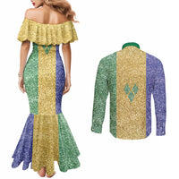 Saint Vincent and the Grenadines Vincy Mas Couples Matching Mermaid Dress and Long Sleeve Button Shirt SVG Glitter Color Style - Wonder Print Shop