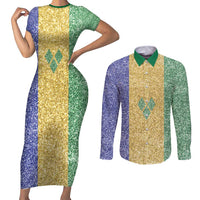 Saint Vincent and the Grenadines Vincy Mas Couples Matching Short Sleeve Bodycon Dress and Long Sleeve Button Shirt SVG Glitter Color Style - Wonder Print Shop