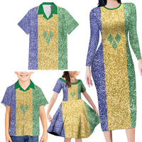Saint Vincent and the Grenadines Vincy Mas Family Matching Long Sleeve Bodycon Dress and Hawaiian Shirt SVG Glitter Color Style - Wonder Print Shop