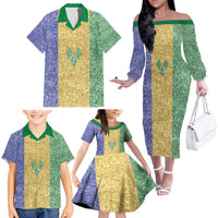 Saint Vincent and the Grenadines Vincy Mas Family Matching Off The Shoulder Long Sleeve Dress and Hawaiian Shirt SVG Glitter Color Style - Wonder Print Shop