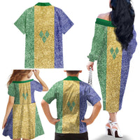 Saint Vincent and the Grenadines Vincy Mas Family Matching Off The Shoulder Long Sleeve Dress and Hawaiian Shirt SVG Glitter Color Style - Wonder Print Shop