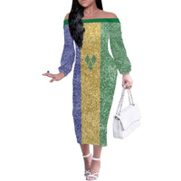 Saint Vincent and the Grenadines Vincy Mas Family Matching Off The Shoulder Long Sleeve Dress and Hawaiian Shirt SVG Glitter Color Style - Wonder Print Shop