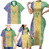 Saint Vincent and the Grenadines Vincy Mas Family Matching Short Sleeve Bodycon Dress and Hawaiian Shirt SVG Glitter Color Style - Wonder Print Shop