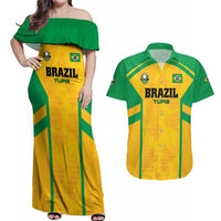 Custom Rugby Brazil Couples Matching Off Shoulder Maxi Dress and Hawaiian Shirt Tupis Go Champions - Wonder Print Shop