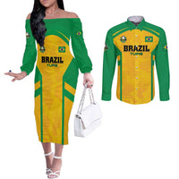 Custom Rugby Brazil Couples Matching Off The Shoulder Long Sleeve Dress and Long Sleeve Button Shirt Tupis Go Champions - Wonder Print Shop