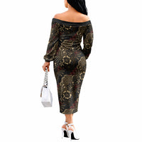 Batik Sekar Jagad Off The Shoulder Long Sleeve Dress Indonesian Traditional Pattern