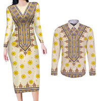 Enkutatash Dashiki Adey Abeba Pattern Couples Matching Long Sleeve Bodycon Dress and Long Sleeve Button Shirt - Wonder Print Shop