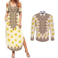 Enkutatash Dashiki Adey Abeba Pattern Couples Matching Summer Maxi Dress and Long Sleeve Button Shirt - Wonder Print Shop