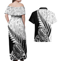 Black off-shoulder maxi dress back view and matching black Hawaiian shirt back view, print