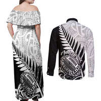 New Zealand Silver Fern Rugby Couples Matching Off Shoulder Maxi Dress and Long Sleeve Button Shirts Aotearoa Maori Black Version - Wonder Print Shop