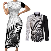 New Zealand Silver Fern Rugby Couples Matching Short Sleeve Bodycon Dress and Long Sleeve Button Shirts Aotearoa Maori Black Version - Wonder Print Shop