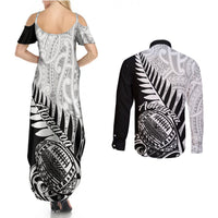 Back view of black-and-white graphic maxi dress and matching long-sleeve button shirt