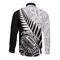 Rugby long sleeve button shirt, black-and-white back with fern and Aotearoa text
