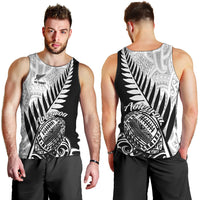 Men's black rugby tank top, front and back with fern and Aotearoa graphics