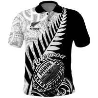 Black rugby polo shirt with white Maori pattern and silver fern graphic