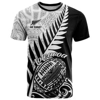 Black rugby T-shirt with silver fern graphic and Maori-style tribal artwork front