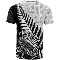 Black rugby T-shirt with silver fern and Aotearoa lettering, Maori-style tribal pattern