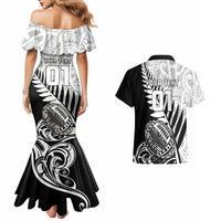 Custom New Zealand Silver Fern Rugby Couples Matching Mermaid Dress and Hawaiian Shirt Aotearoa Maori Black Version - Wonder Print Shop