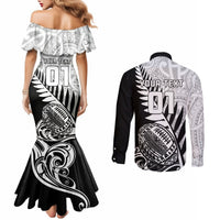 Off-shoulder mermaid dress and long-sleeve button shirts with large back rugby graphics.