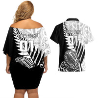 Custom New Zealand Silver Fern Rugby Couples Matching Off Shoulder Short Dress and Hawaiian Shirt Aotearoa Maori Black Version - Wonder Print Shop
