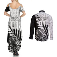Black and white Maori print maxi dress and long-sleeve shirt back view with YOUR TEXT
