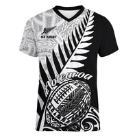 Custom New Zealand Silver Fern Rugby Women V Neck T Shirt Aotearoa Maori Black Version - Wonder Print Shop
