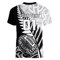 Custom New Zealand Silver Fern Rugby Women V Neck T Shirt Aotearoa Maori Black Version - Wonder Print Shop