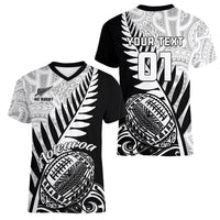 Custom New Zealand Silver Fern Rugby Women V Neck T Shirt Aotearoa Maori Black Version - Wonder Print Shop