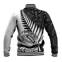 Black-and-white rugby baseball jacket with back fern and Maori pattern graphic