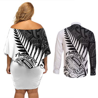 New Zealand Silver Fern Rugby Couples Matching Off Shoulder Short Dress and Long Sleeve Button Shirts Aotearoa Maori White Version - Wonder Print Shop