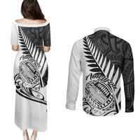 White puletasi dress and long-sleeve button shirt set with black fern back print