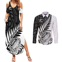 Couples set: black maxi dress and white long-sleeve button shirt, tribal rugby print