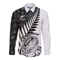 White long-sleeve rugby button shirt with black Maori tribal print