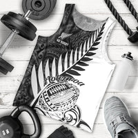 Men's white rugby tank top with black Aotearoa and fern graphic, sleeveless crew neck.