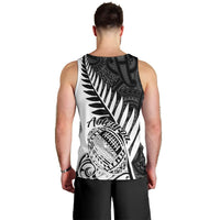 Men's white rugby tank top with black back print featuring fern and Aotearoa script, sleeveless.
