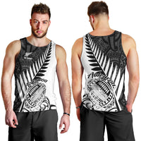 Men's white rugby tank top front and back views, black tribal fern graphics, sleeveless.