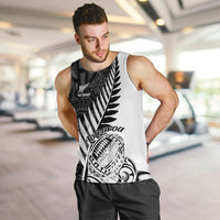 Men's white rugby tank top with black tribal fern and Aotearoa print, sleeveless crew neck.