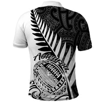 White rugby polo shirt with black back graphic featuring Aotearoa text and fern