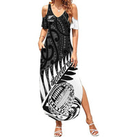 Women's black-and-white off-shoulder maxi dress with tribal rugby print