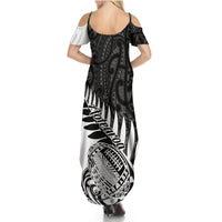 Women's black-and-white cold-shoulder maxi dress with tribal rugby print, back view