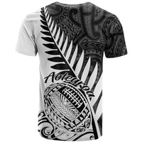 White rugby T-shirt with black back tribal pattern and large fern-and-circle emblem