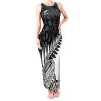 Women's sleeveless tank maxi dress, black and white tribal graphic print, ankle length