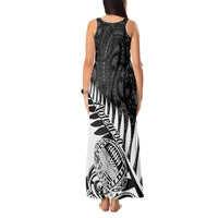 Women's sleeveless tank maxi dress, black and white Maori-inspired tribal print, back view