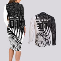Custom New Zealand Silver Fern Rugby Couples Matching Long Sleeve Bodycon Dress and Long Sleeve Button Shirts Aotearoa Maori White Version - Wonder Print Shop