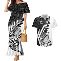 Off-shoulder mermaid dress and white Hawaiian shirt set with black tribal fern print
