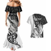 Off-shoulder mermaid dress and Hawaiian shirt with black tribal back print and 'YOUR TEXT'