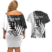 Custom New Zealand Silver Fern Rugby Couples Matching Off Shoulder Short Dress and Hawaiian Shirt Aotearoa Maori White Version - Wonder Print Shop